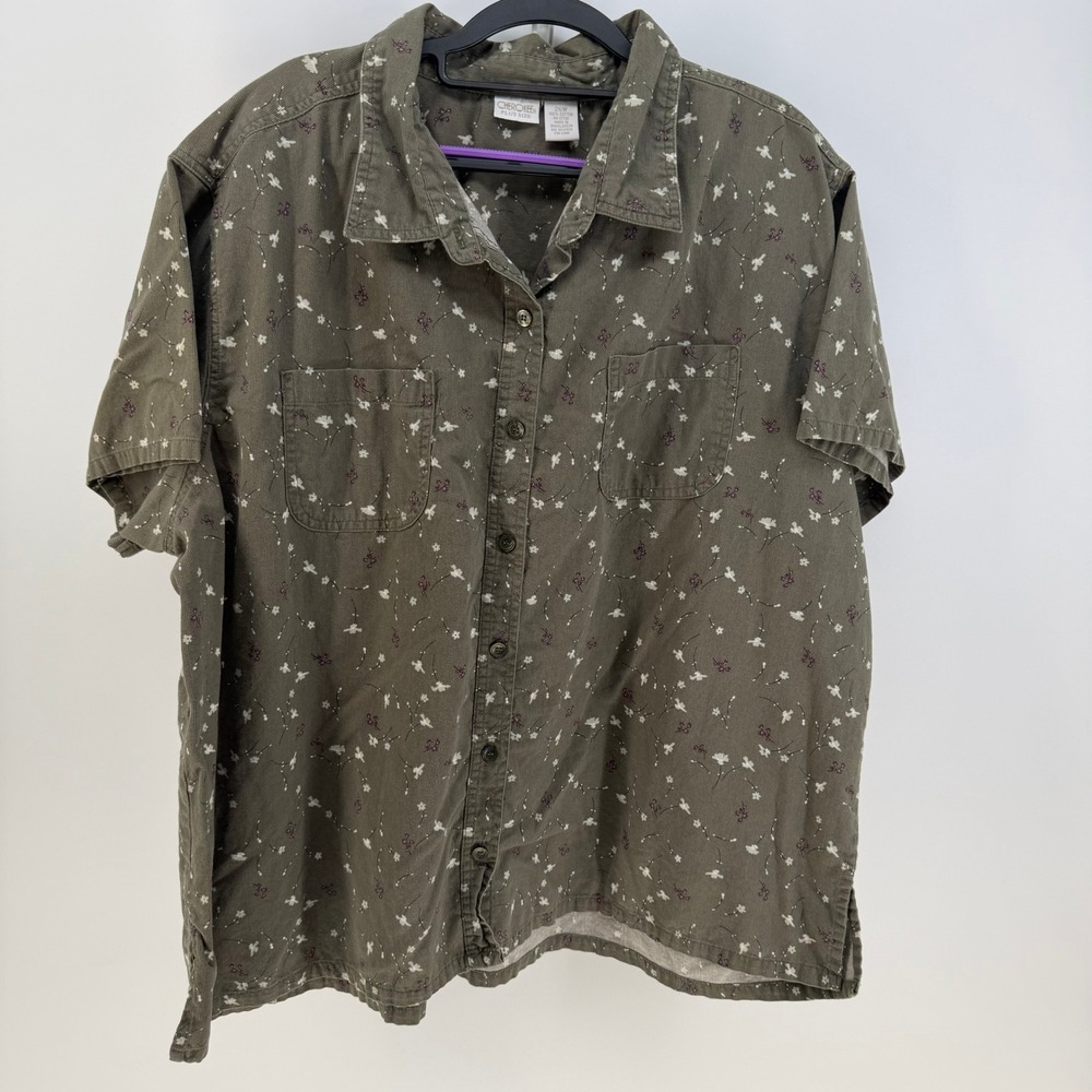 Cherokee Corduroy Shirt Womens 26W Olive Green Floral Short Sleeve Cottagecore